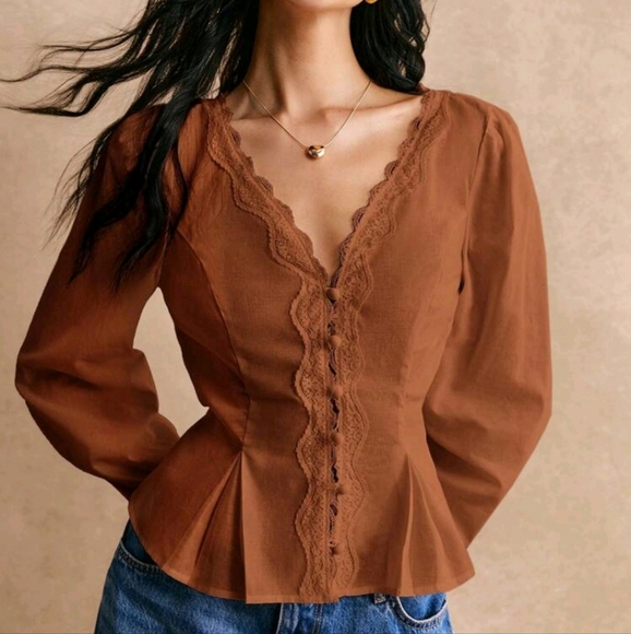 Cotton Elegant Lace Trimmed Waist Button Detail Shirt, Long Sleeve Shirt - Picture 1 of 6
